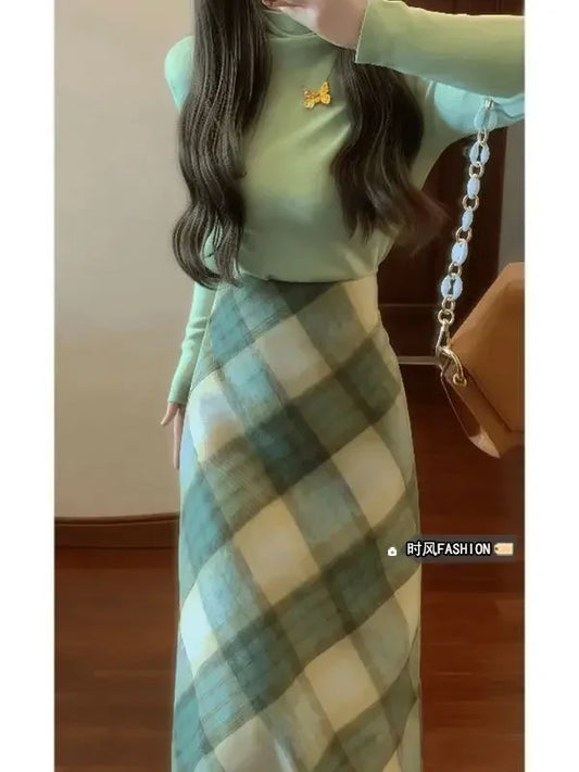 Chic Plaid Skirt & Knit Top Set