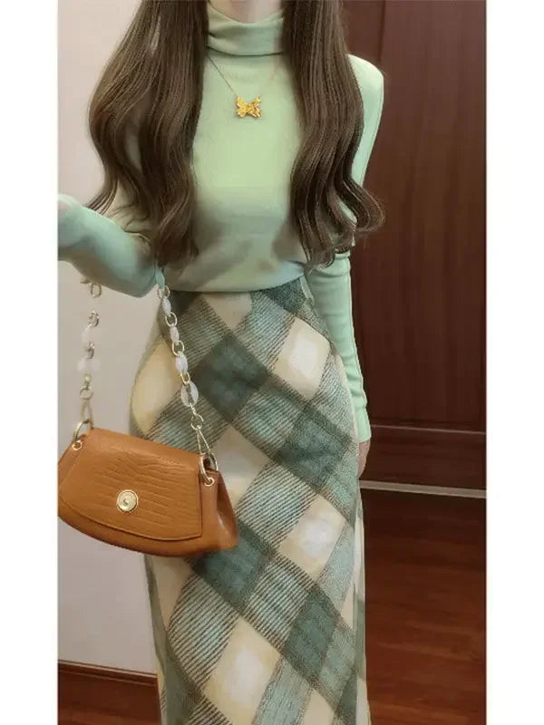 Chic Plaid Skirt & Knit Top Set